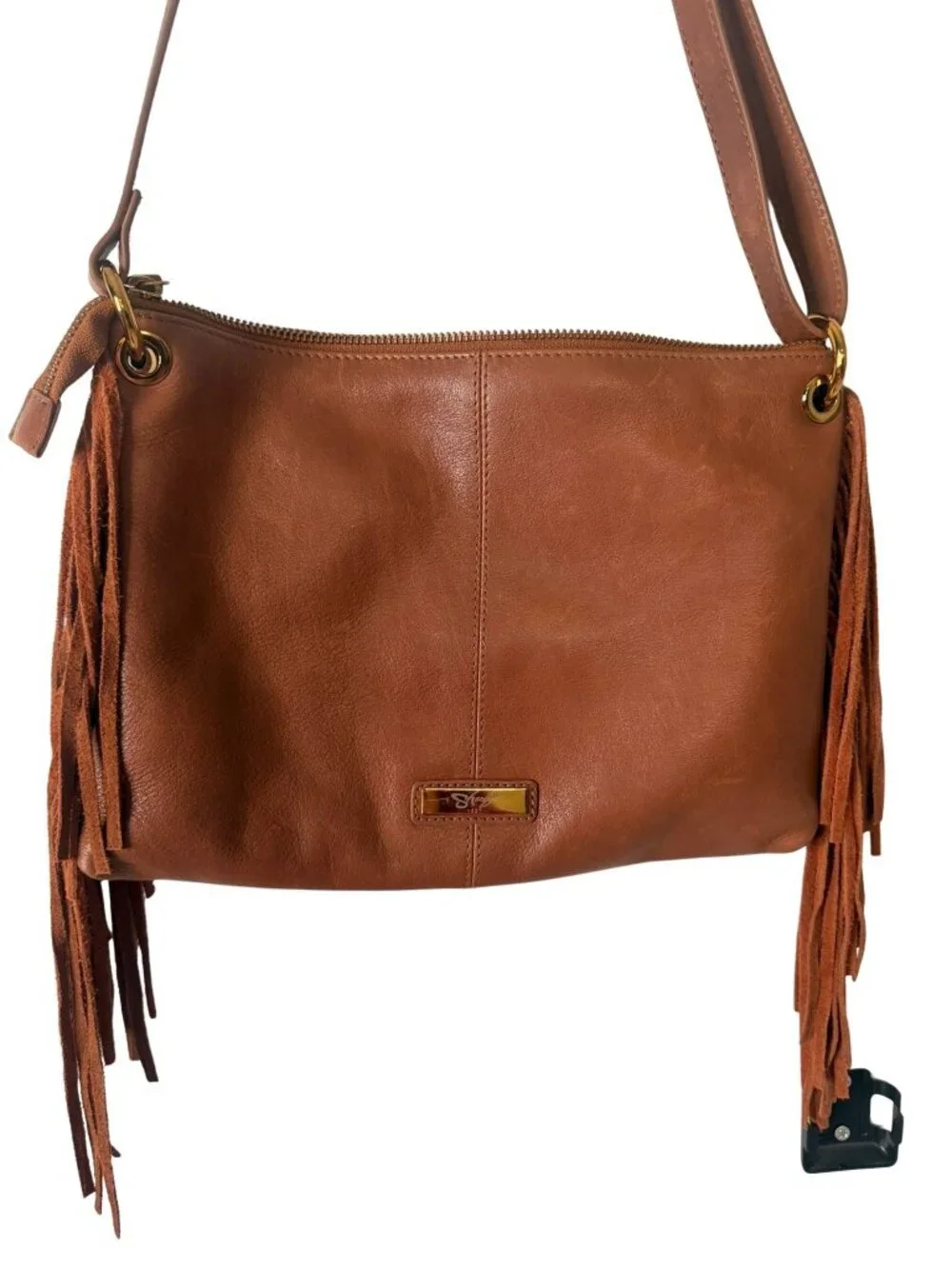 Sharif Legacy Leather Fringe Mini Hobo Crossbody Bag Latte Embossed Leather